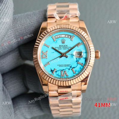 Swiss Quality Copy Rolex Day-date 41 Turquoise Watch with Diamond Roman Citizen